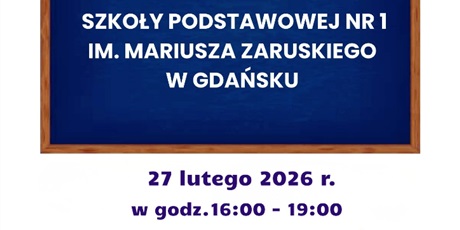 Powiększ grafikę: Barwna grafika w kształcie prostokąta stojącego będąca plakatem dnia otwartego SP 1.