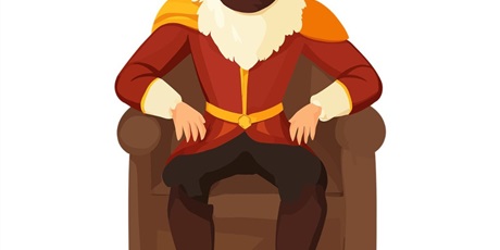 Powiększ grafikę: Barwna grafika w kształcie prostokąta stojącego przedstawiająca postać króla siedzącego na tronie.