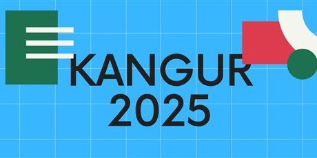 Powiększ grafikę: Barwna grafika w kształcie prostokąta leżącego. Na niebieskim tle napis czarną dużą czcionką: "KANGUR 2025". Na obrzeżach kolorowe figury geometryczne.