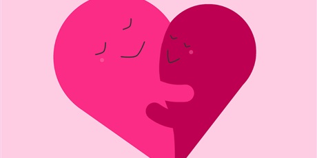 Powiększ grafikę: Barwna grafika utrzymana w barwach różowych i czerwonych w kształcie kwadratu. Na różowym tle rysunek serca składającego się z dwóch części: w kolrze fuksji i czerwonym, przytulonych jak dwie postaci ludzi.